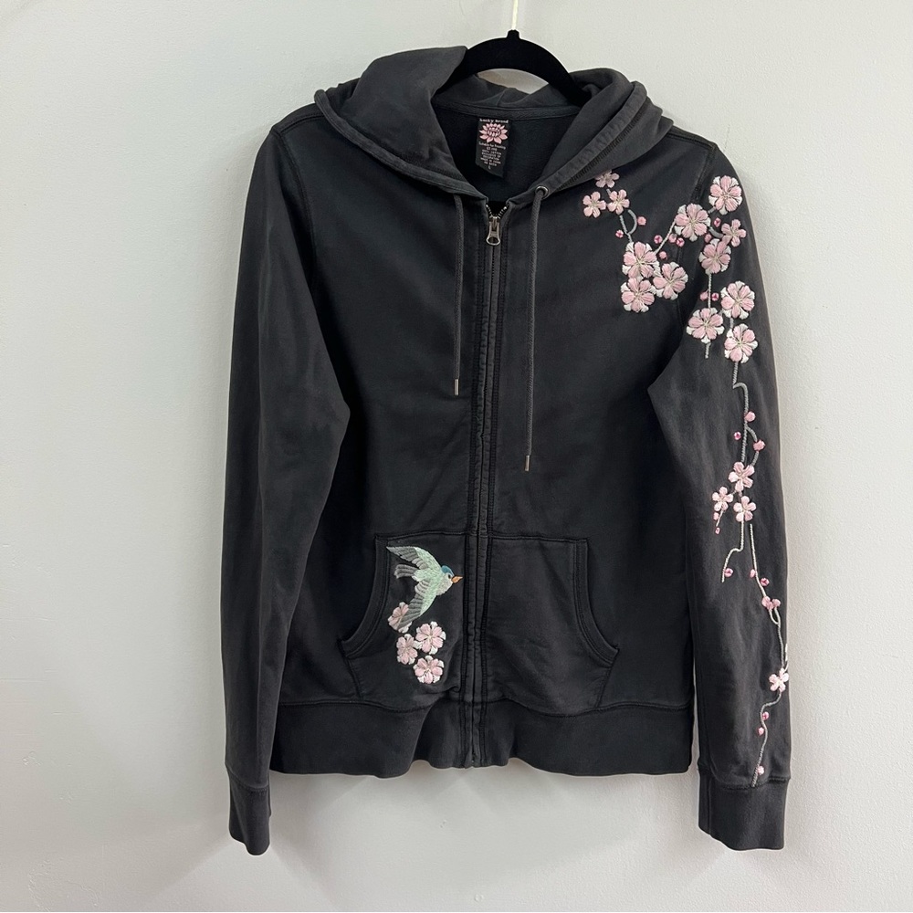 Lucky Brand Gray Hoodie with Floral Cherry Blossom and Bird Embroidery
